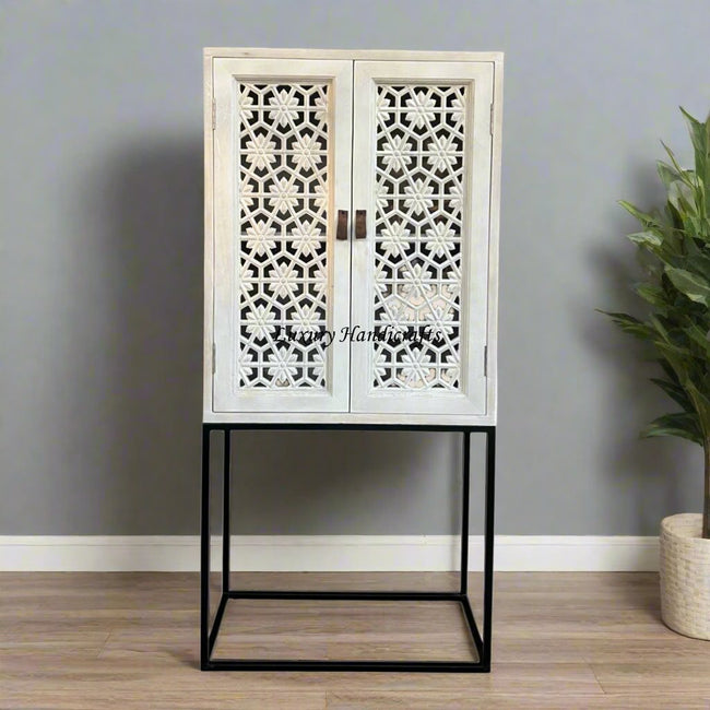 Armin Solid Mango Wood Hand Carved Bar Cabinet White Distress Finish