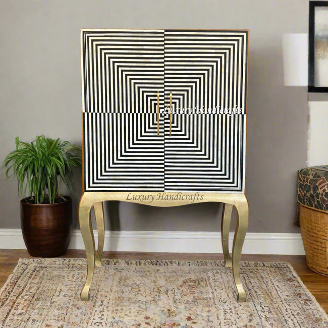 Bella Bone Inlay Bar Cabinet Stripe Black