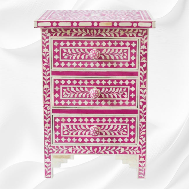 Bone Inlay Floral 3 Drawers Bedside Pink 1