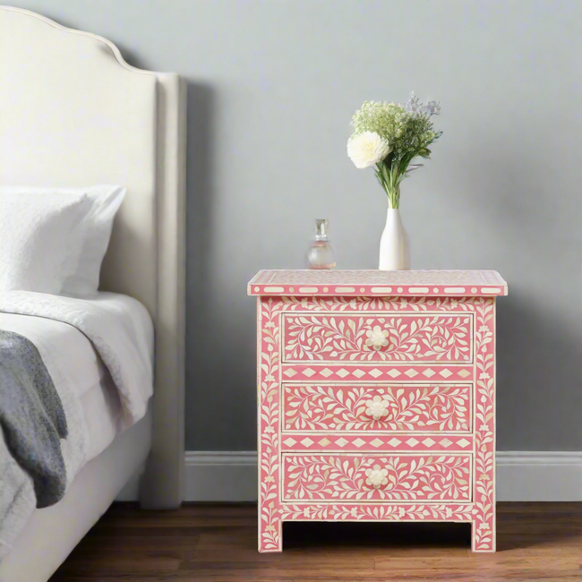 Bone Inlay Floral 3 Drawer Bedside Pink