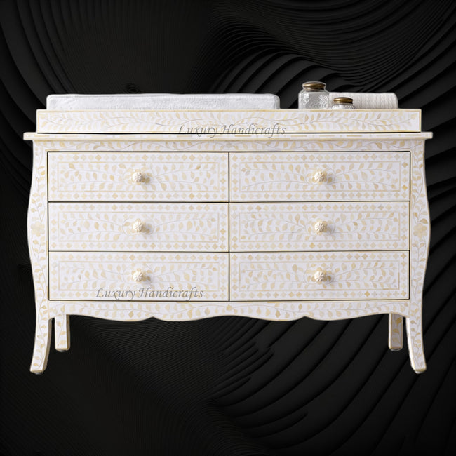 Bone Inlay Curved 6 Drawer Floral Dresser White with Topper 1