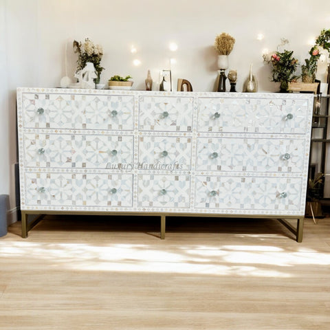 MOP Inlay Moroccan 9 Drawer Chest White