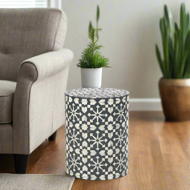 Moroccan Bone Inlay Round Side Table Black