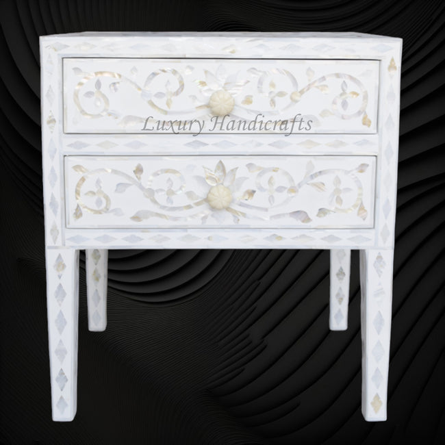 Mother Of Pearl Inlay Bedside 2 Drawer Lotus Design White 1