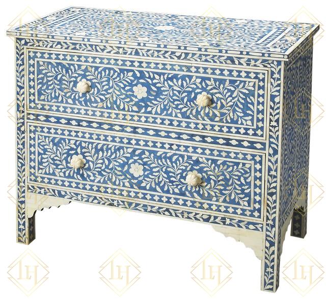 Bone Inlay Floral Chest Of Two Drawer Blue 1