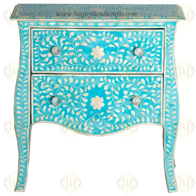 Bone Inlay 2 Drawer Small Chest Curved Legs Turquoise 1