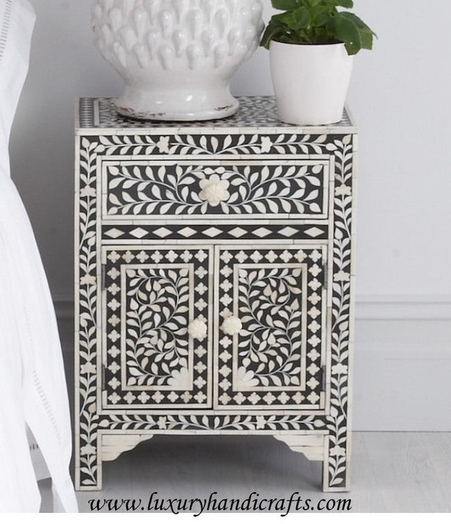 Bone Inlay Floral One Drawer Two Door Bedside Table Black 1