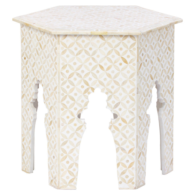 Bone Inlay Geometric Design Hexagonal Table White 1