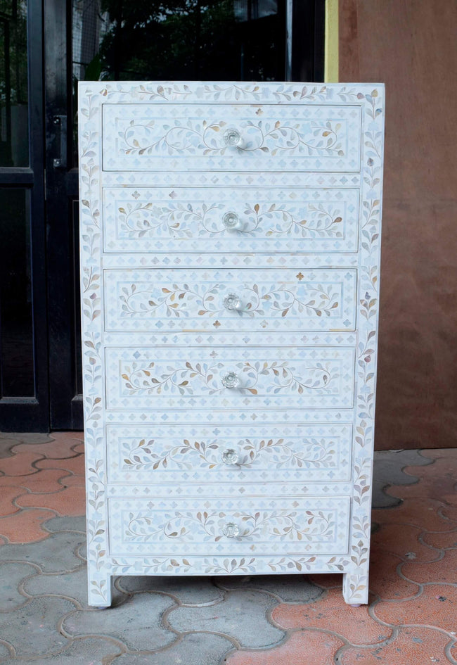 Mother Of Pearl Inlay 6 Drawer Chest White 1