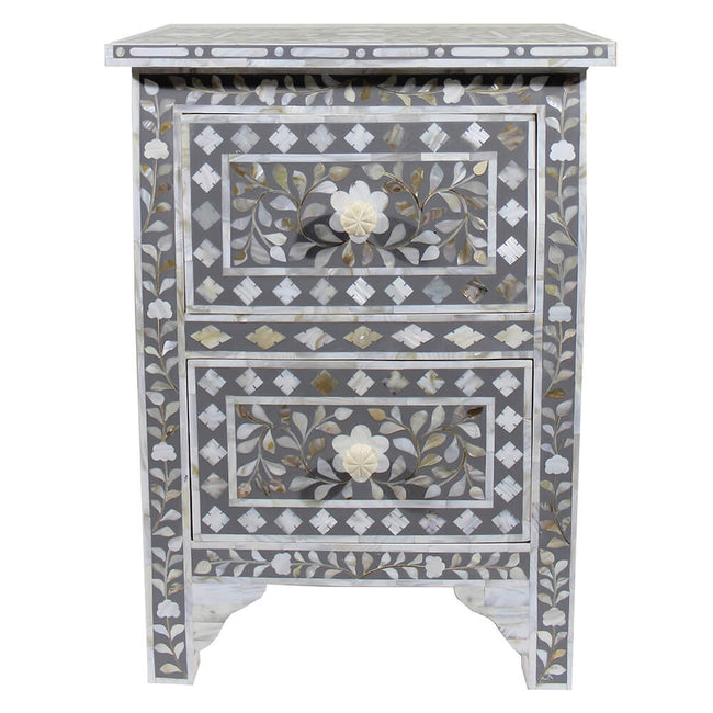 Mother Of Pearl Inlay Floral 2 Drawer Bedside Grey 1