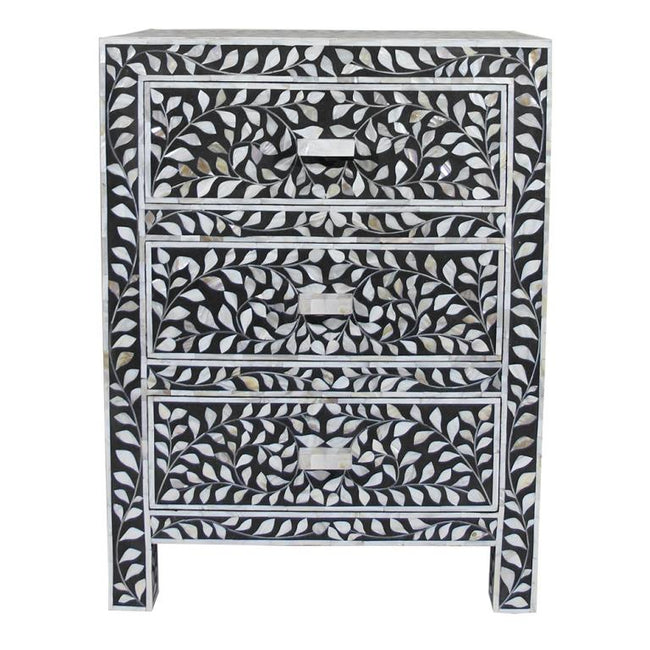 Mother Of Pearl Inlay Floral 3 Drawer Bedside Black 1