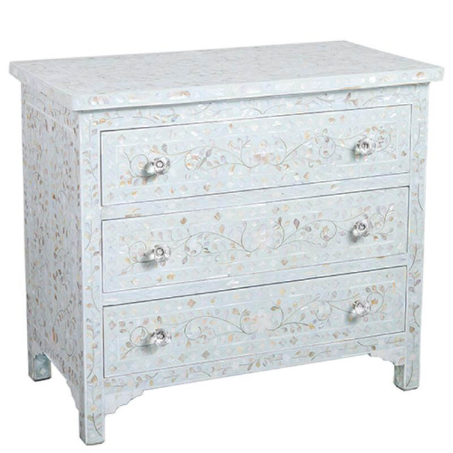 Pale Blue Mother Of Pearl Inlay 3 Drawer Chest Floral 1