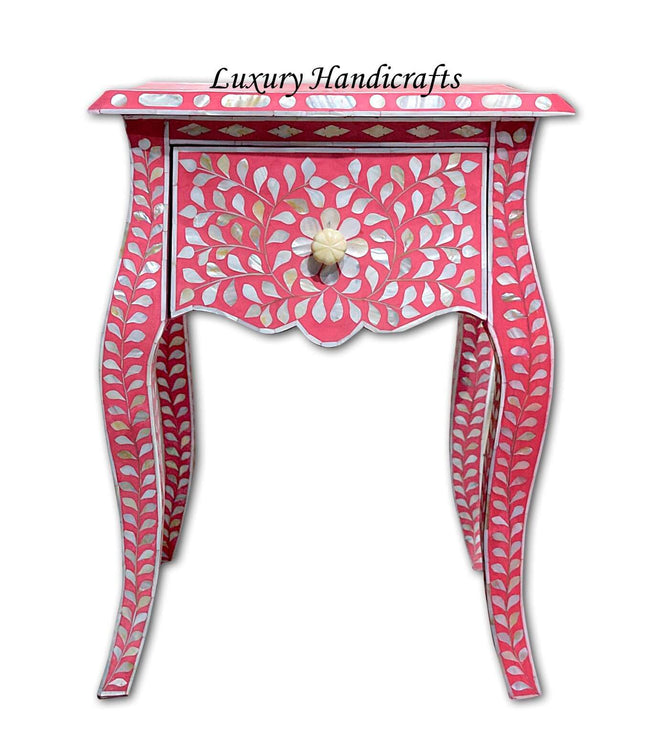 Pink Mother Of Pearl Inlay French Bedside 1 Drawer Floral Design 1