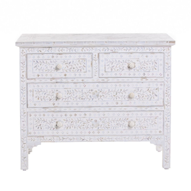 Mother Of Pearl Inlay Floral Chest Of Four Drawer White 1