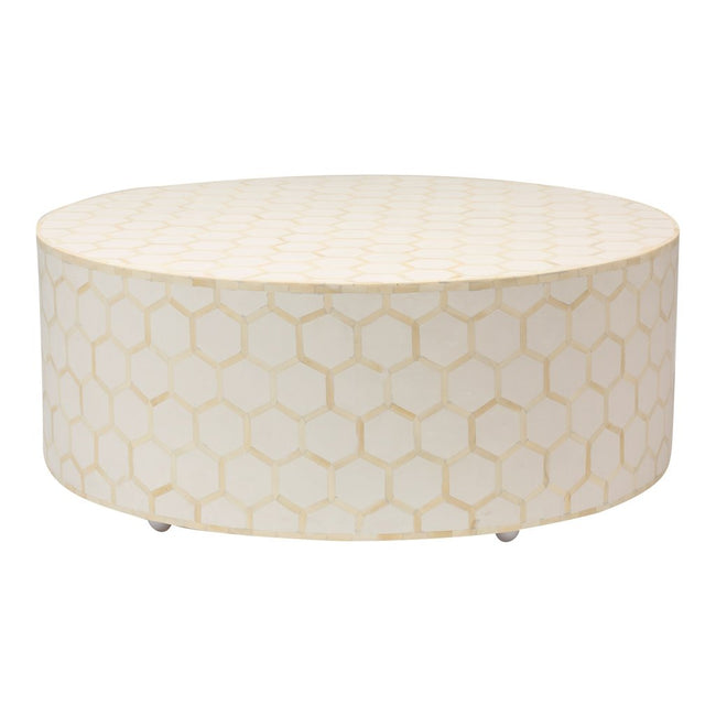 Bone Inlaid Round Coffee Table Honeycomb White 1